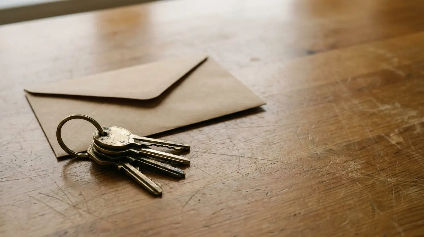 Keys on a ring beside a brown envelope on a wooden surface