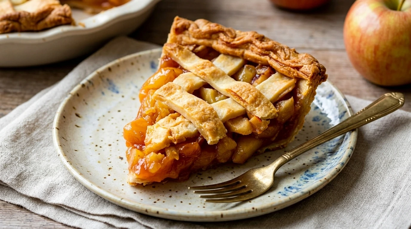 A freshly baked apple pie featuring a golden lattice crust, placed on a wooden table.