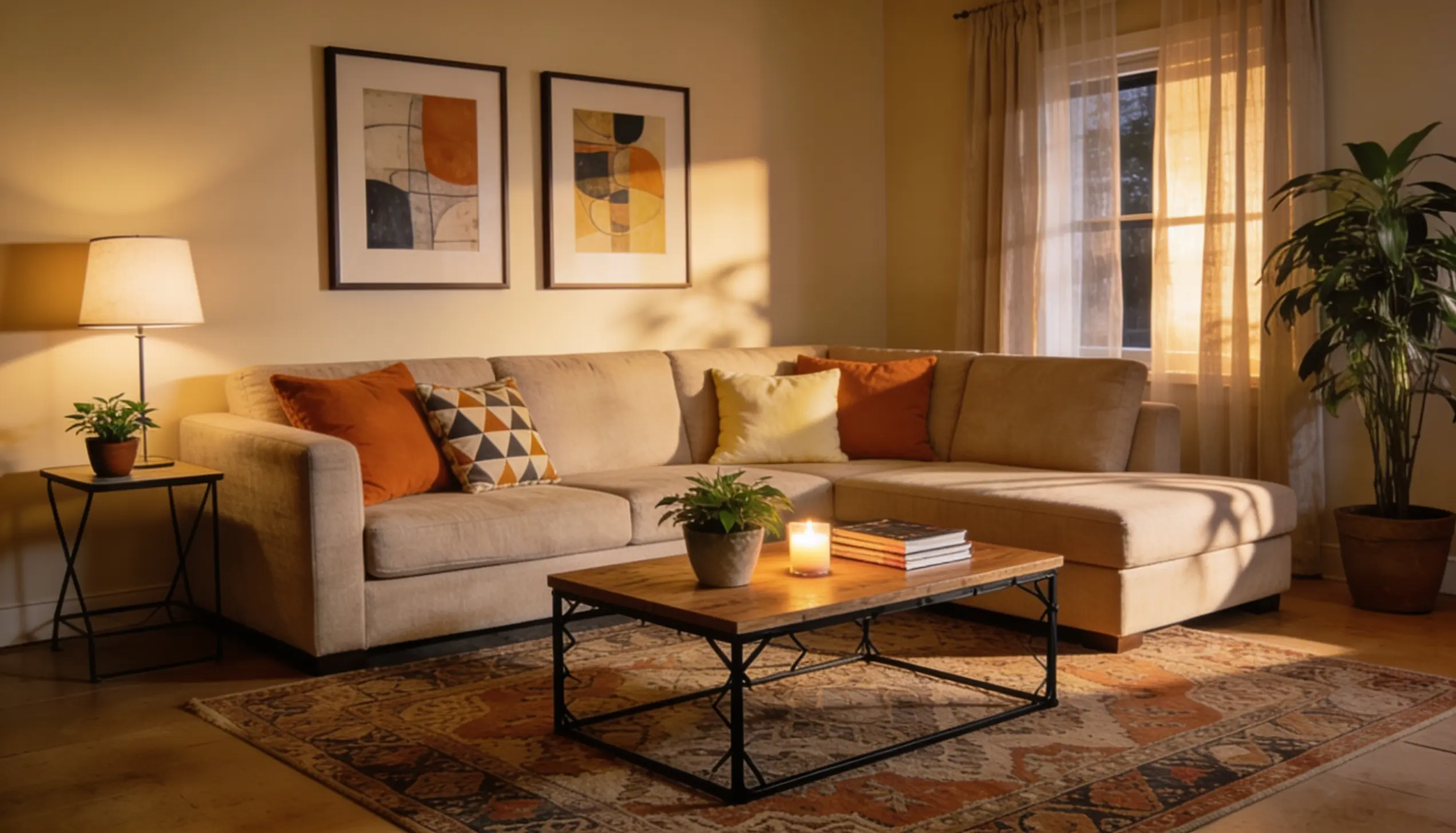 Modern sectional sofa in a cozy living room with warm lighting and stylish decor