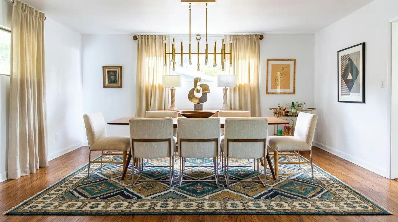 A cozy dining room showcasing an area rug beneath a table and chairs, enhancing the room's ambiance and layout.