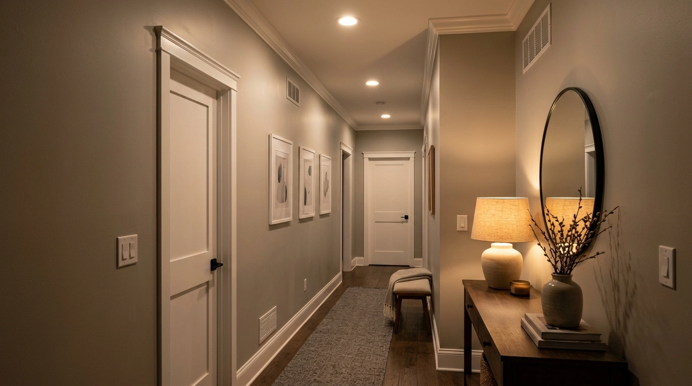 narrow hallway features gray walls, white-trimmed doors, framed pictures, a rug, and a table with a lamp and mirror