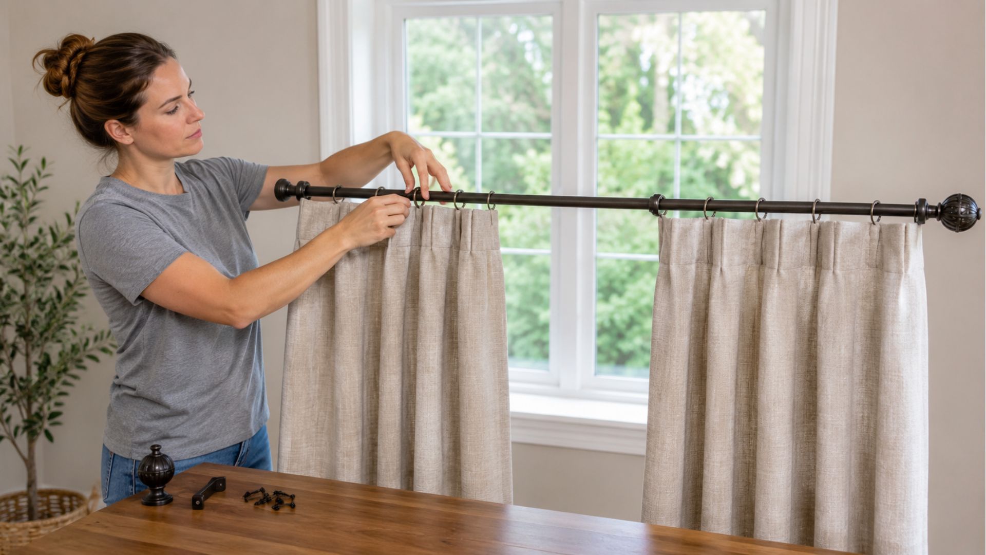 woman attaching beige curtain panels and metal rings to a dark curtain rod before mounting it