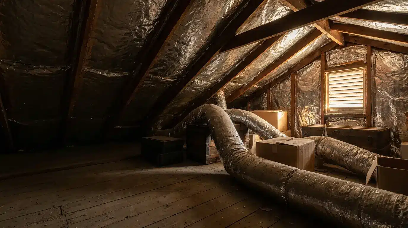 Attic interior with exposed insulation, ductwork, and stacked cardboard boxes under soft natural light