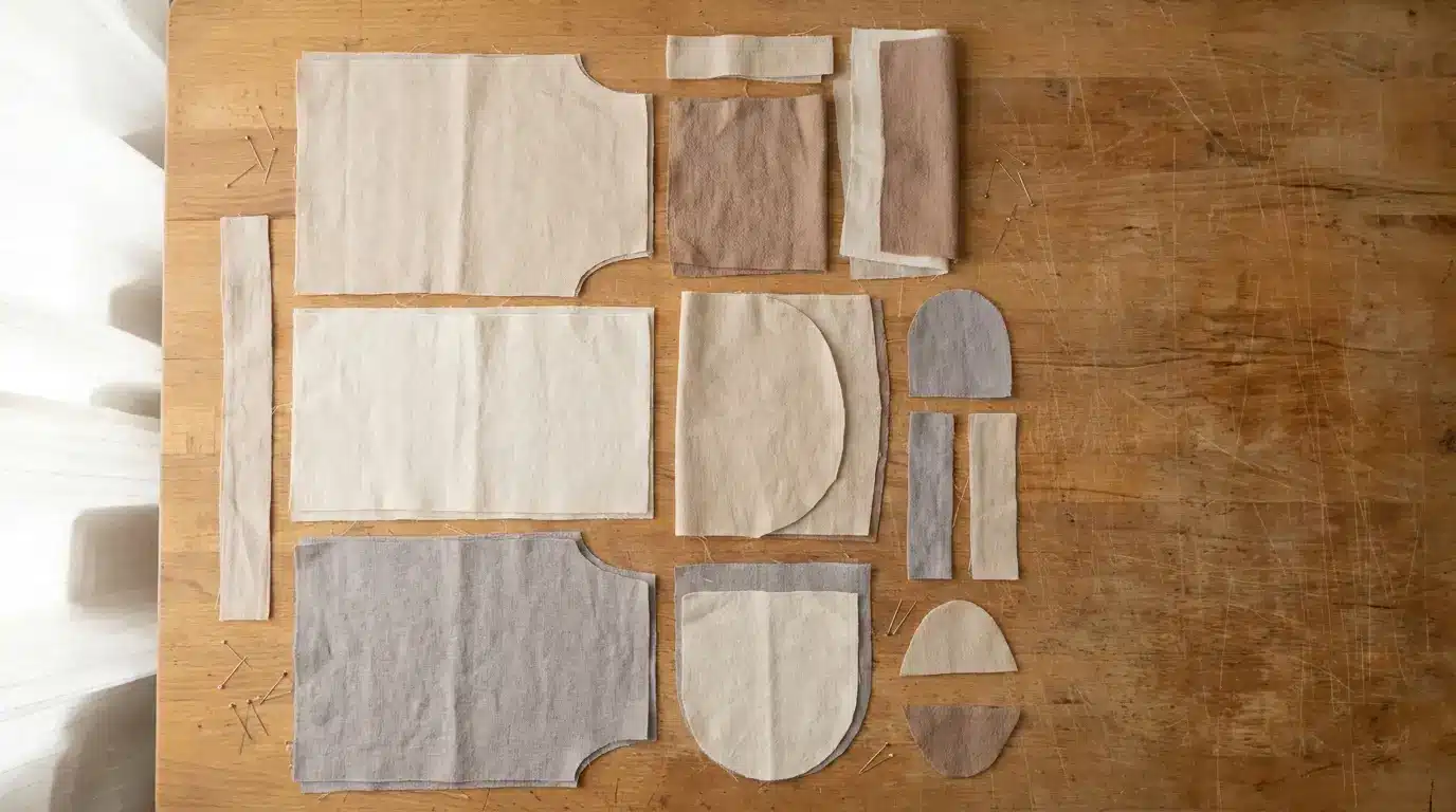 Assorted fabric pieces and sewing pins arranged on a wooden table in natural light