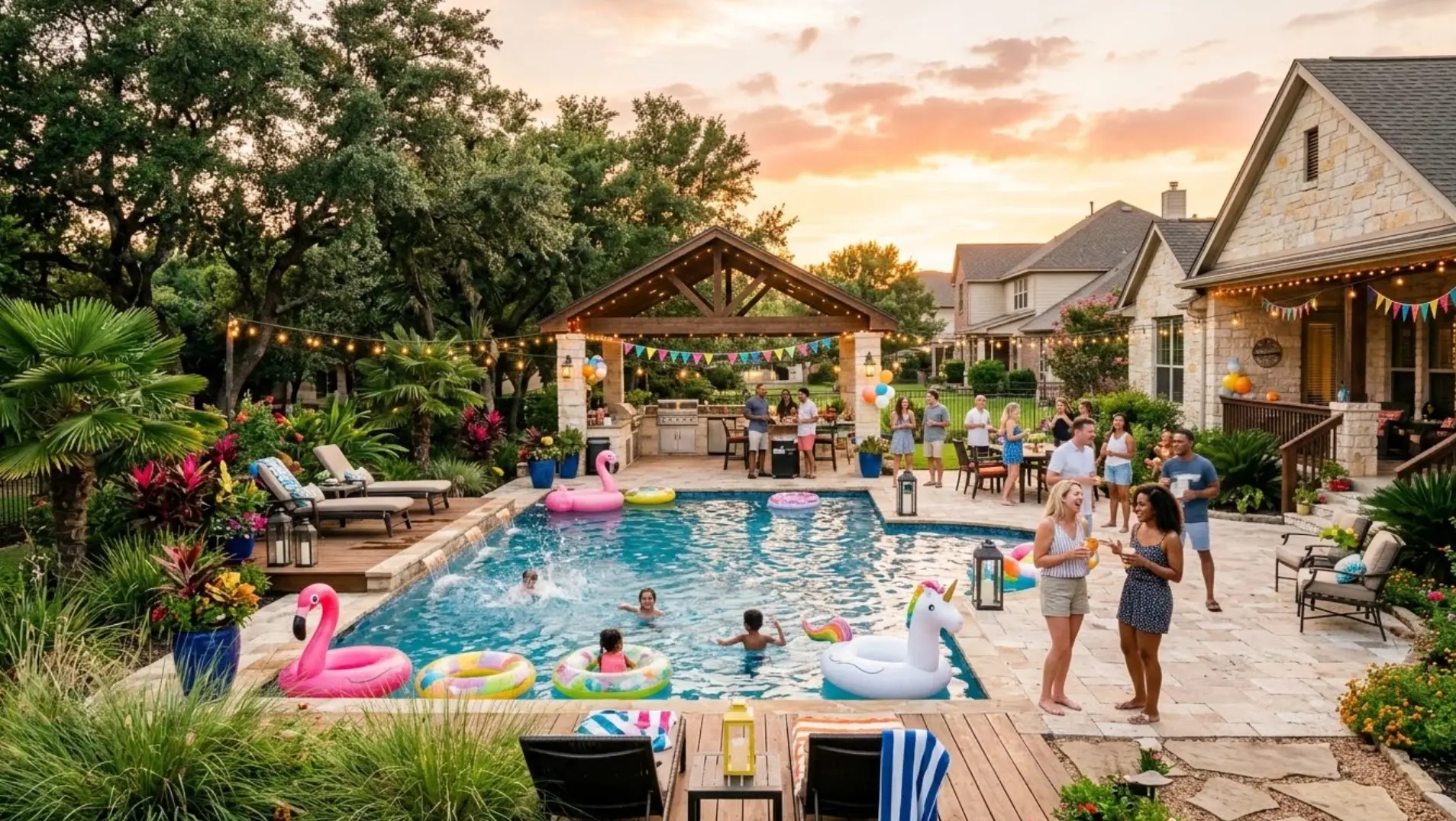 Backyard pool party with colorful inflatables and people socializing under string lights at sunset