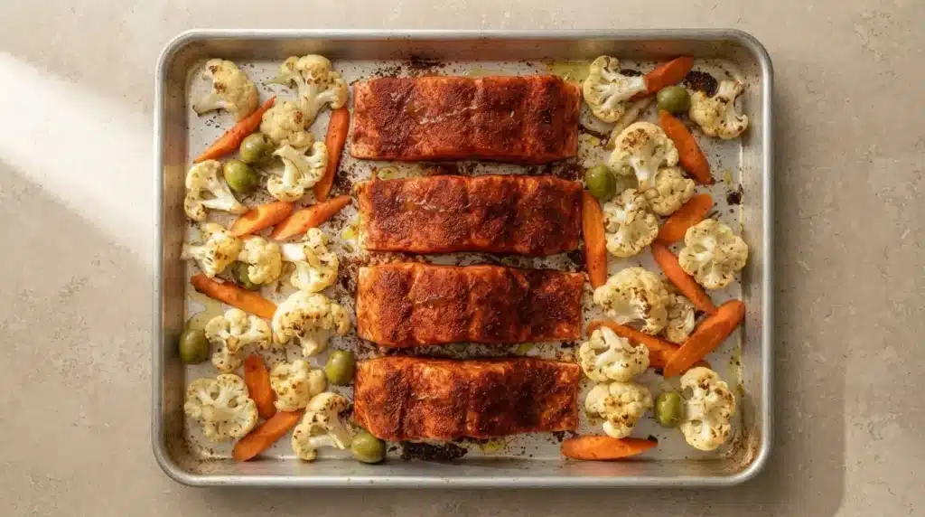 A platter containing salmon, bright orange carrots, and steamed cauliflower, ready for serving.