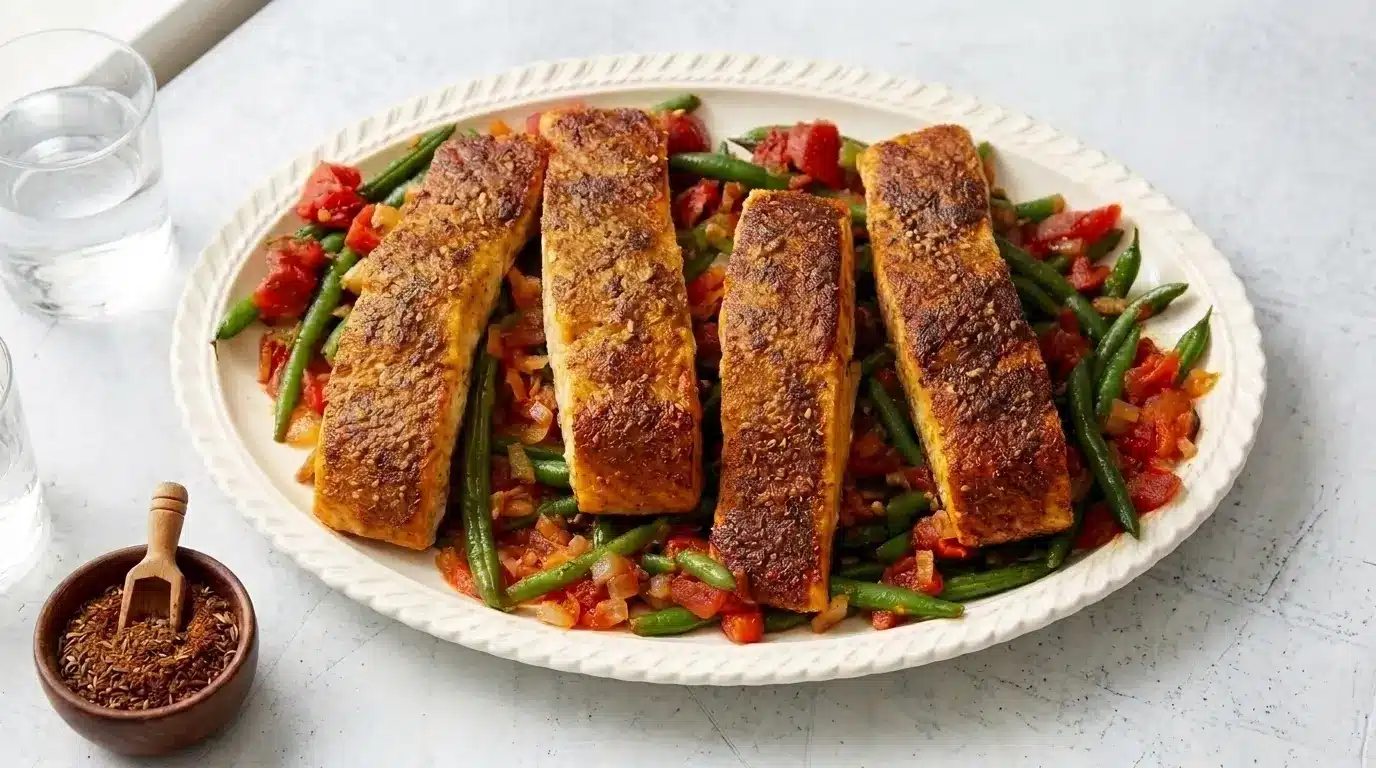 Four pan-seared salmon fillets served over a bed of green beans and diced tomatoes.