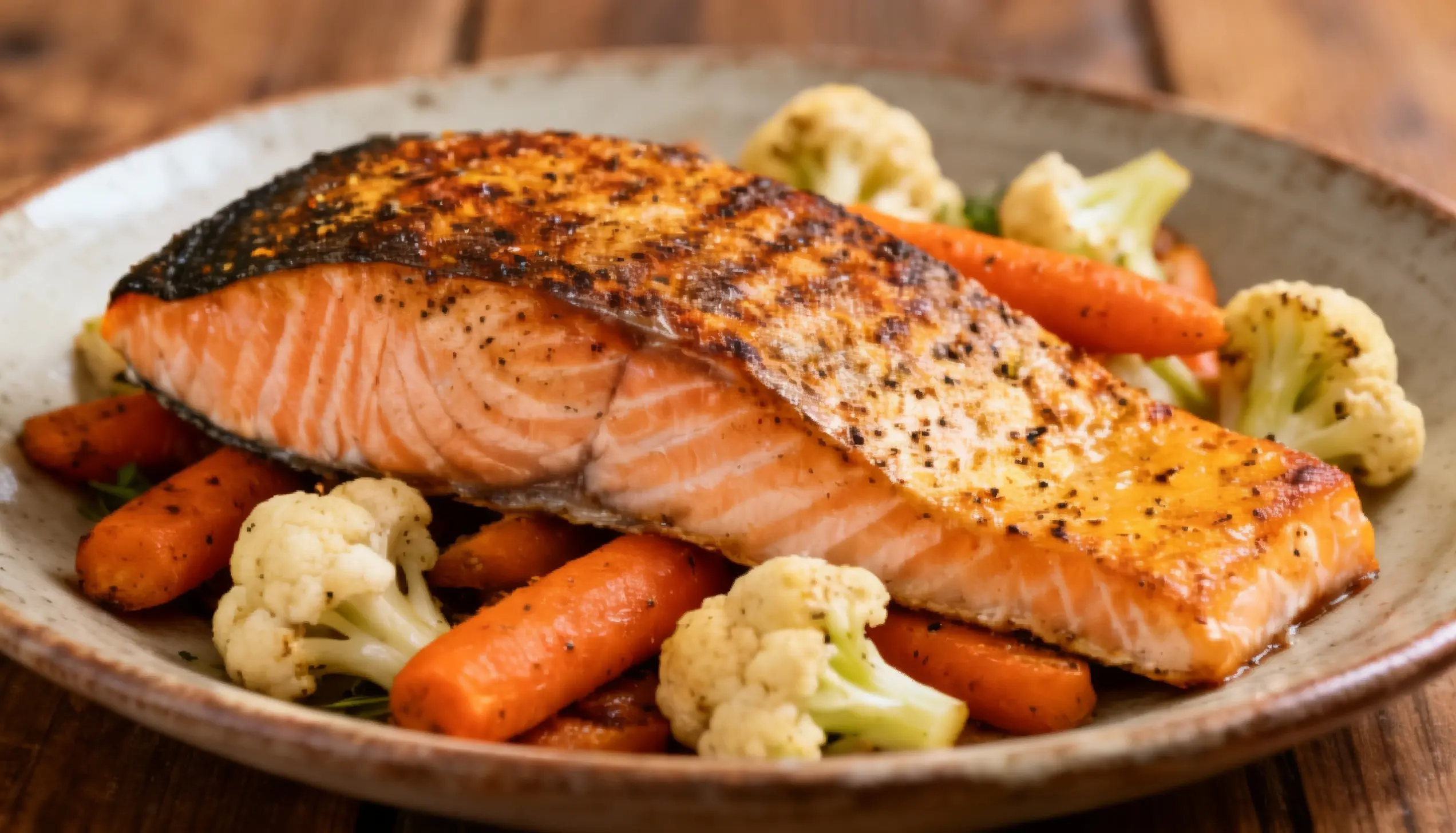 A cooked salmon fillet sits atop roasted carrots and cauliflower florets on a plate.