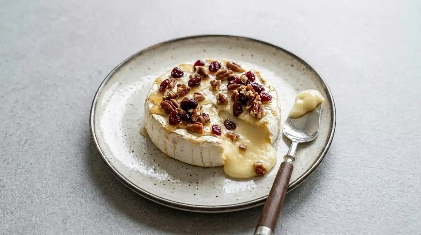 Baked Brie topped with honey, pecans, and dried cranberries, served warm with a creamy melted center.