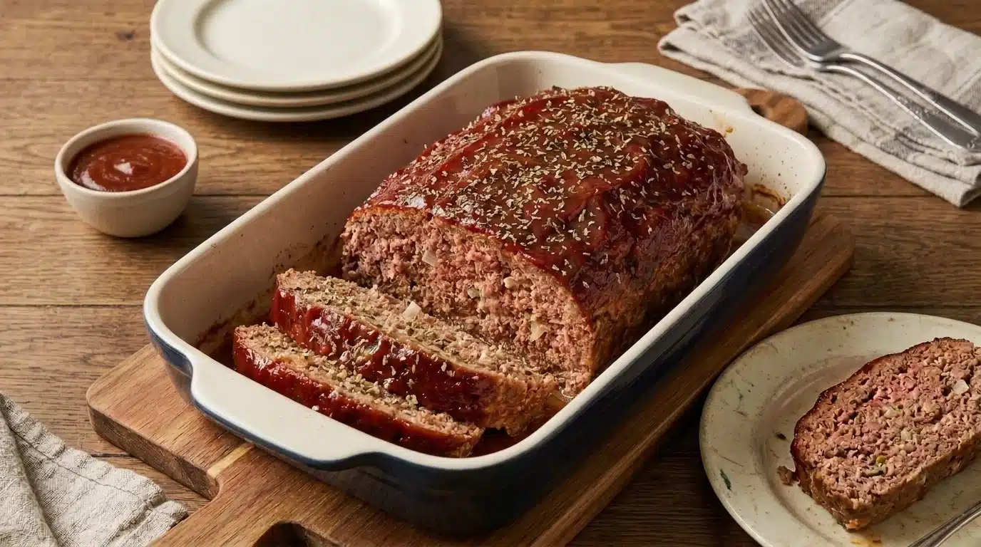 Glazed meatloaf sliced in a baking dish, topped with a rich tomato-based glaze and herbs.