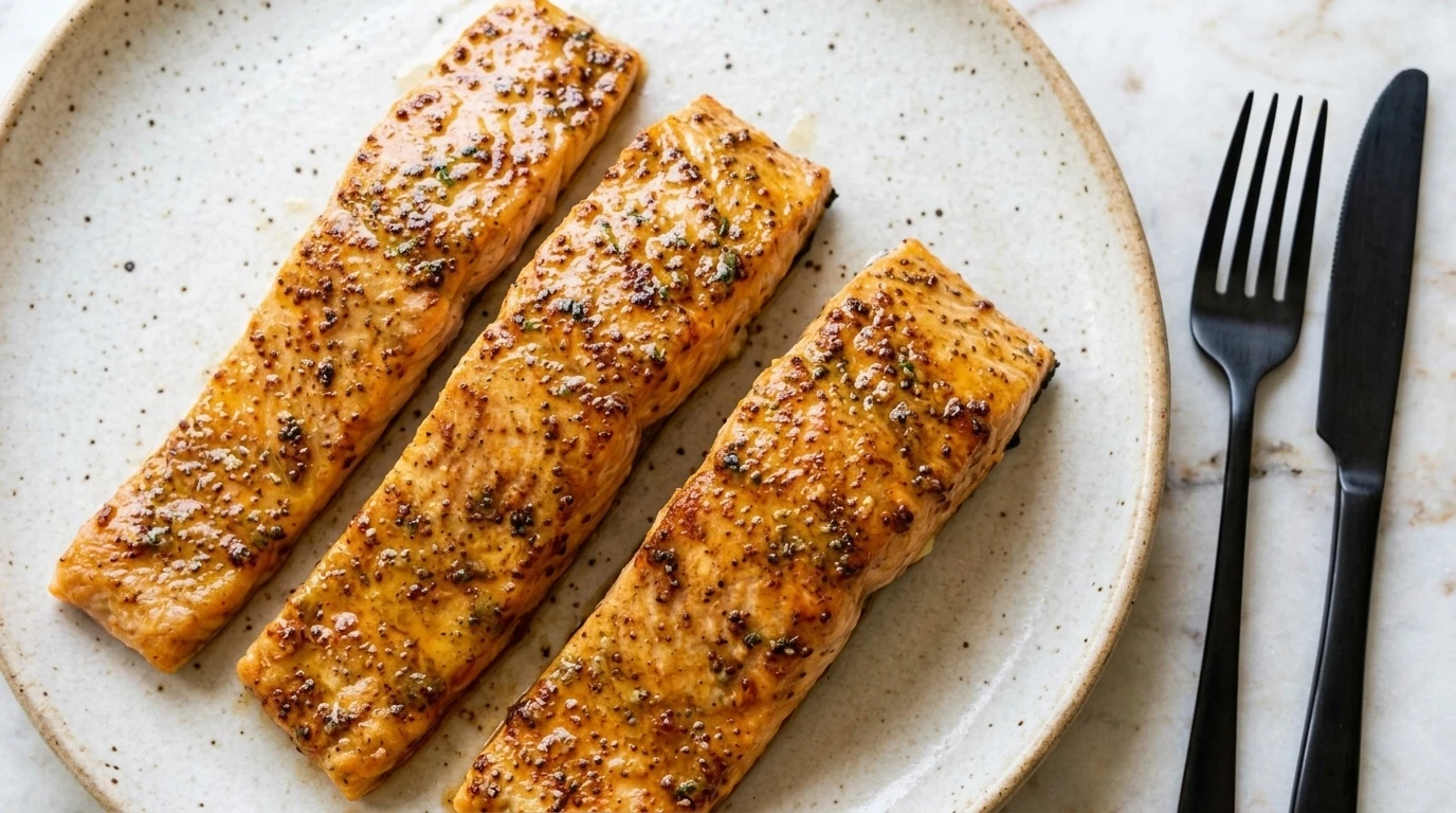 Seasoned salmon fillets with a golden seared crust, served on a simple ceramic plate.