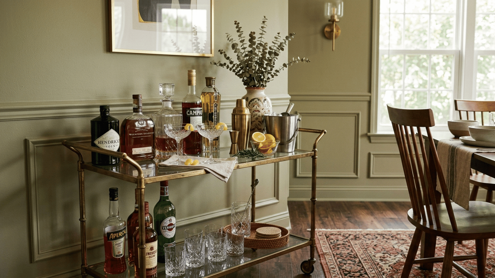 brass bar cart styled with glassware against a dining room wall