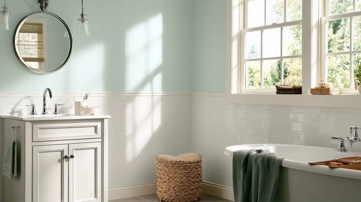 A clean bathroom featuring a white sink and bathtub, with beach glass walls adding a coastal touch.