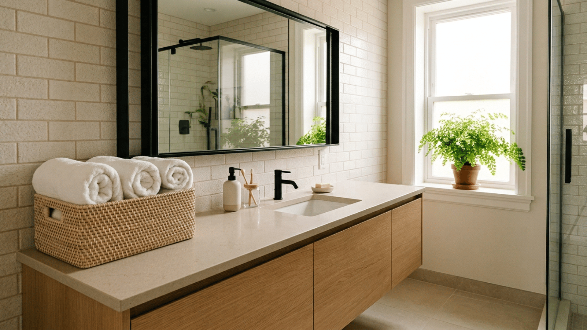 bathroom styled with rolled towels, a framed mirror, and a fern