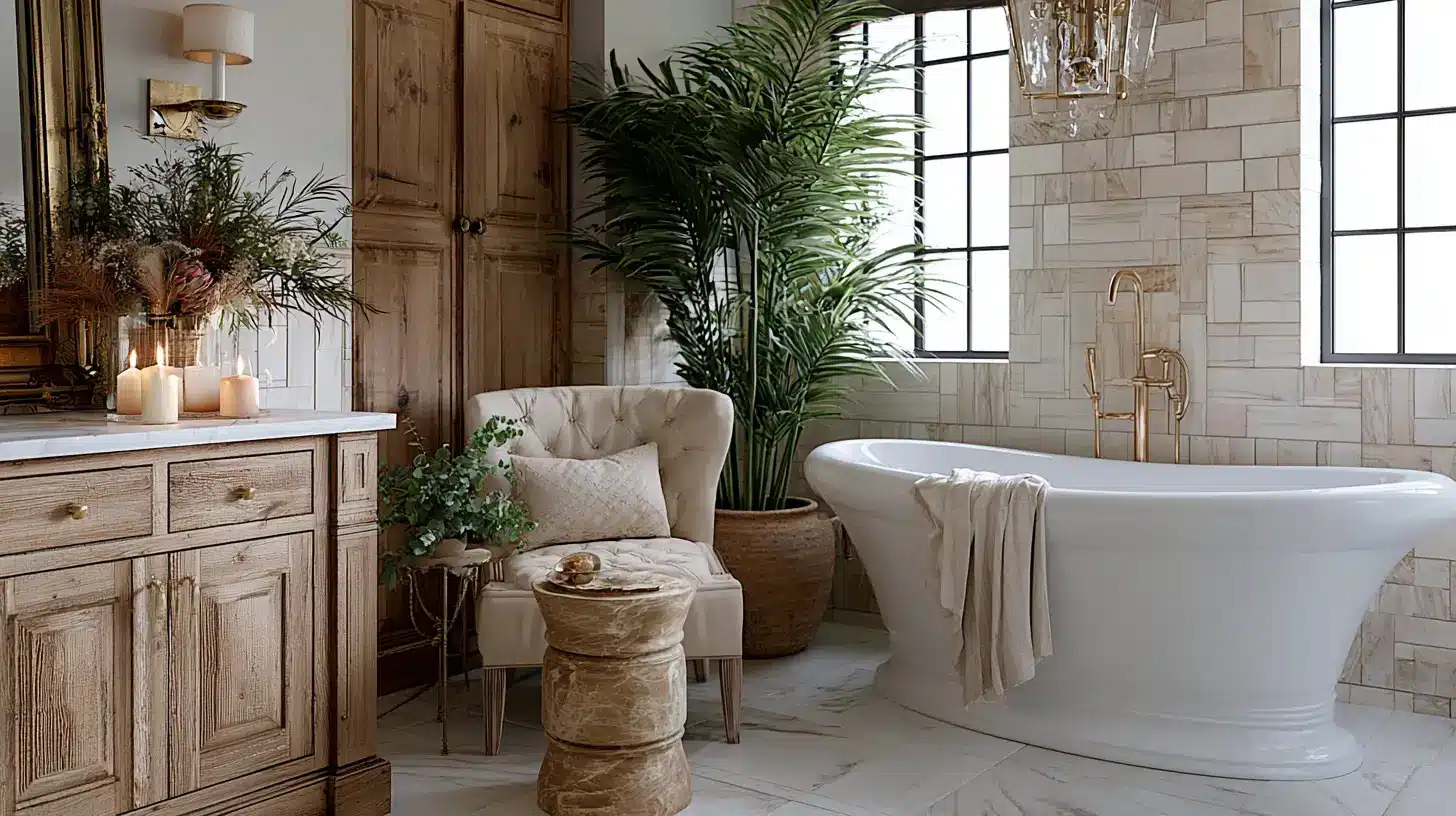 Elegant bathroom with freestanding bathtub, tufted chair, and wooden cabinetry in warm natural tones