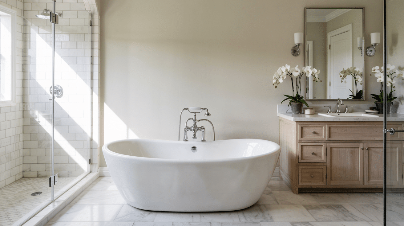 bathroom with freestanding tub, benjamin moore collingwood walls, wood vanity, marble floor, and glass shower