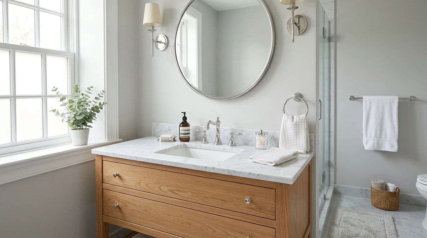 bright bathroom featuring a vanity with a white marble countertop, a round mirror, and a window with a potted plant