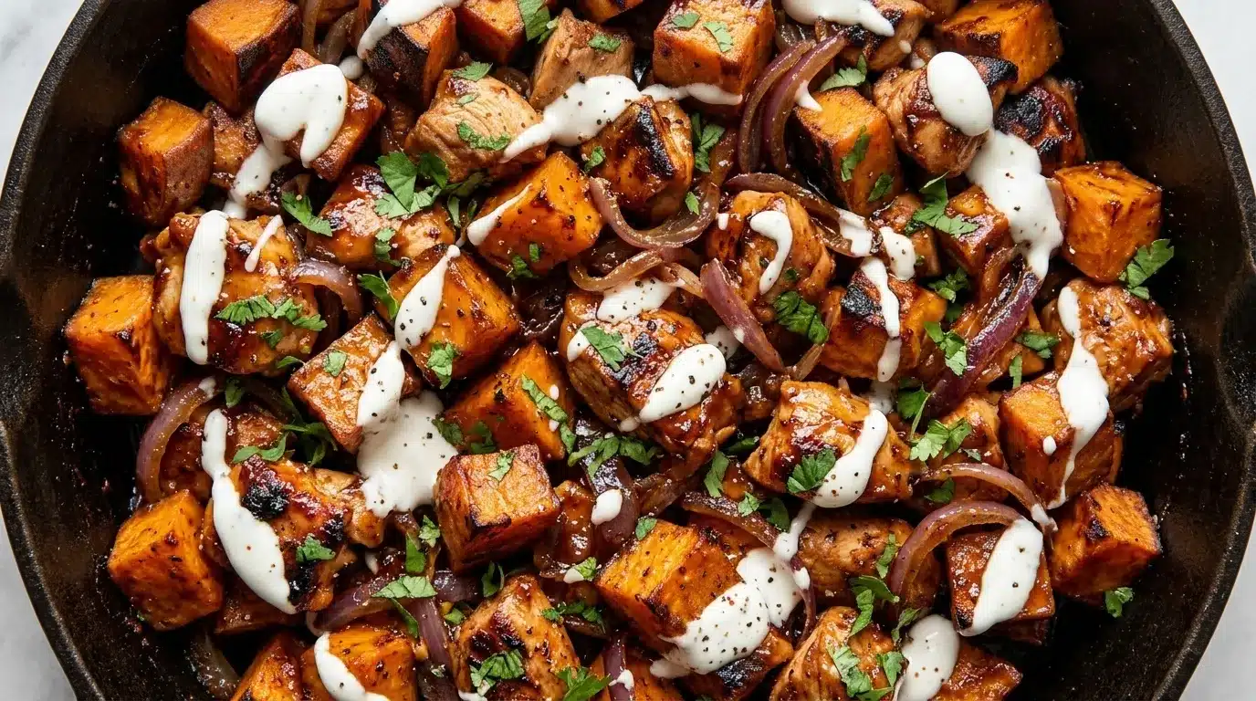 A skillet filled with BBQ chicken pieces and roasted sweet potatoes, garnished with herbs.