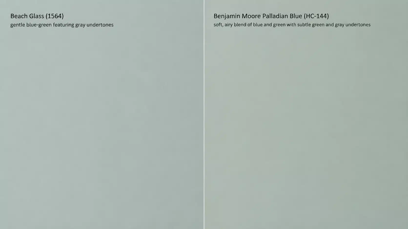 Side-by-side comparison of Benjamin Moore Beach Glass (1564) and Palladian Blue (HC-144) on plain walls.