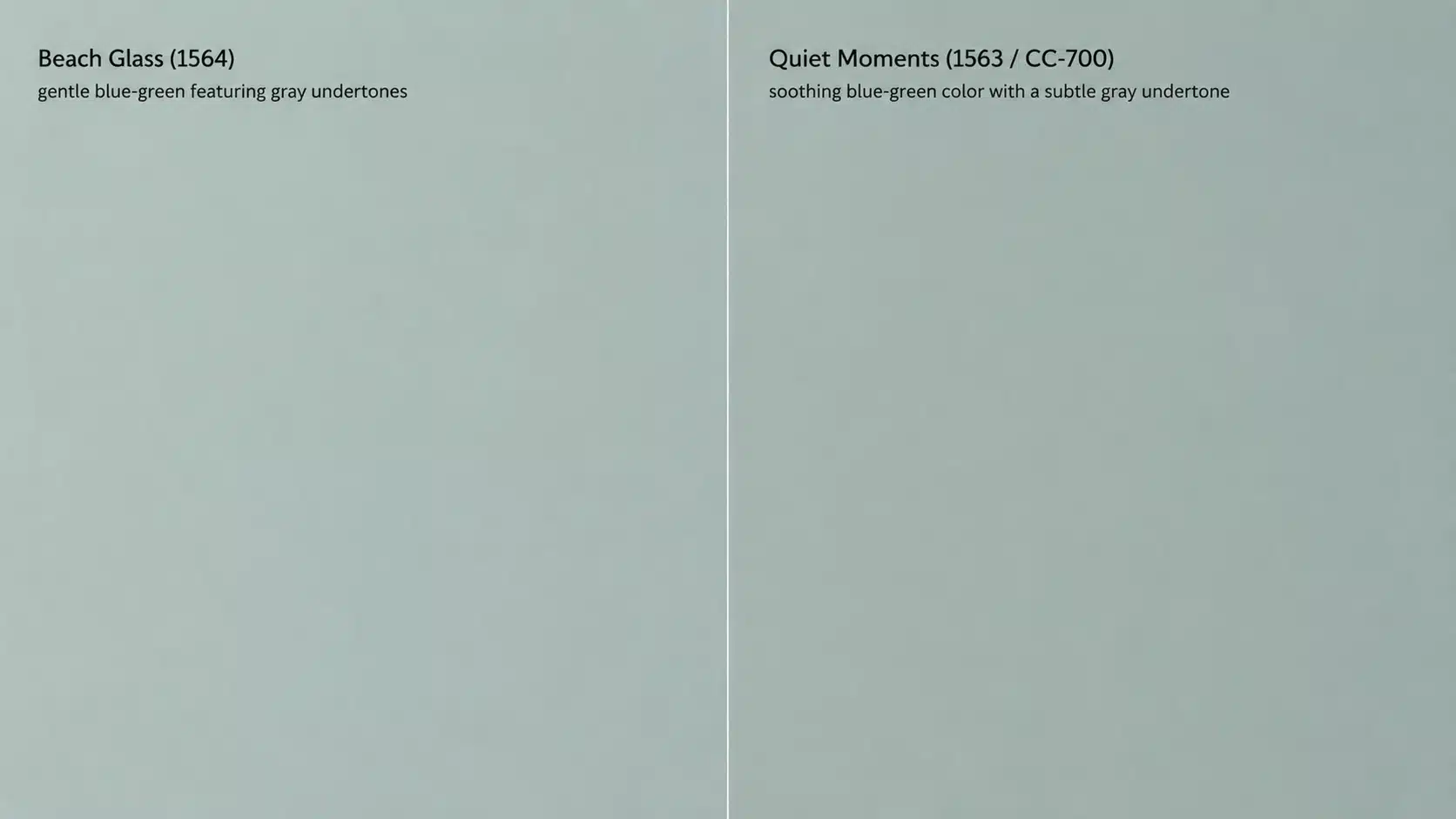 Side-by-side comparison of Benjamin Moore Beach Glass (1564) and Quiet Moments (1563/CC-700) on plain walls.