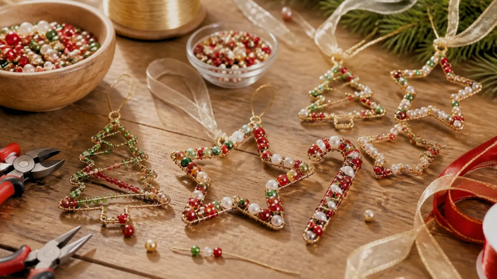 Christmas ornaments including trees, stars, and candy canes made of colorful beads and wire sit on a wooden surface with craft supplies.