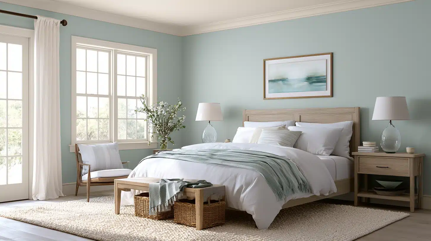 A bedroom featuring beach glass walls and white bedding creating a serene and calming atmosphere.