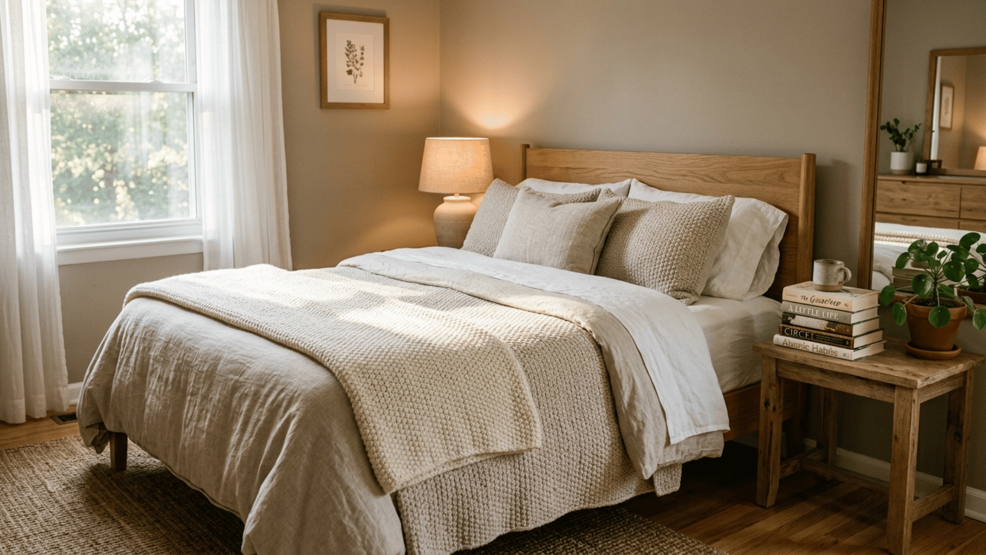 bedroom with layered bedding, matching lamps, and a small plant accent