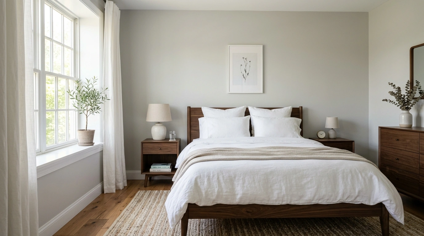 a bedroom with light grey walls, a bed dressed in white linens, and nightstands under a framed botanical print, with a window