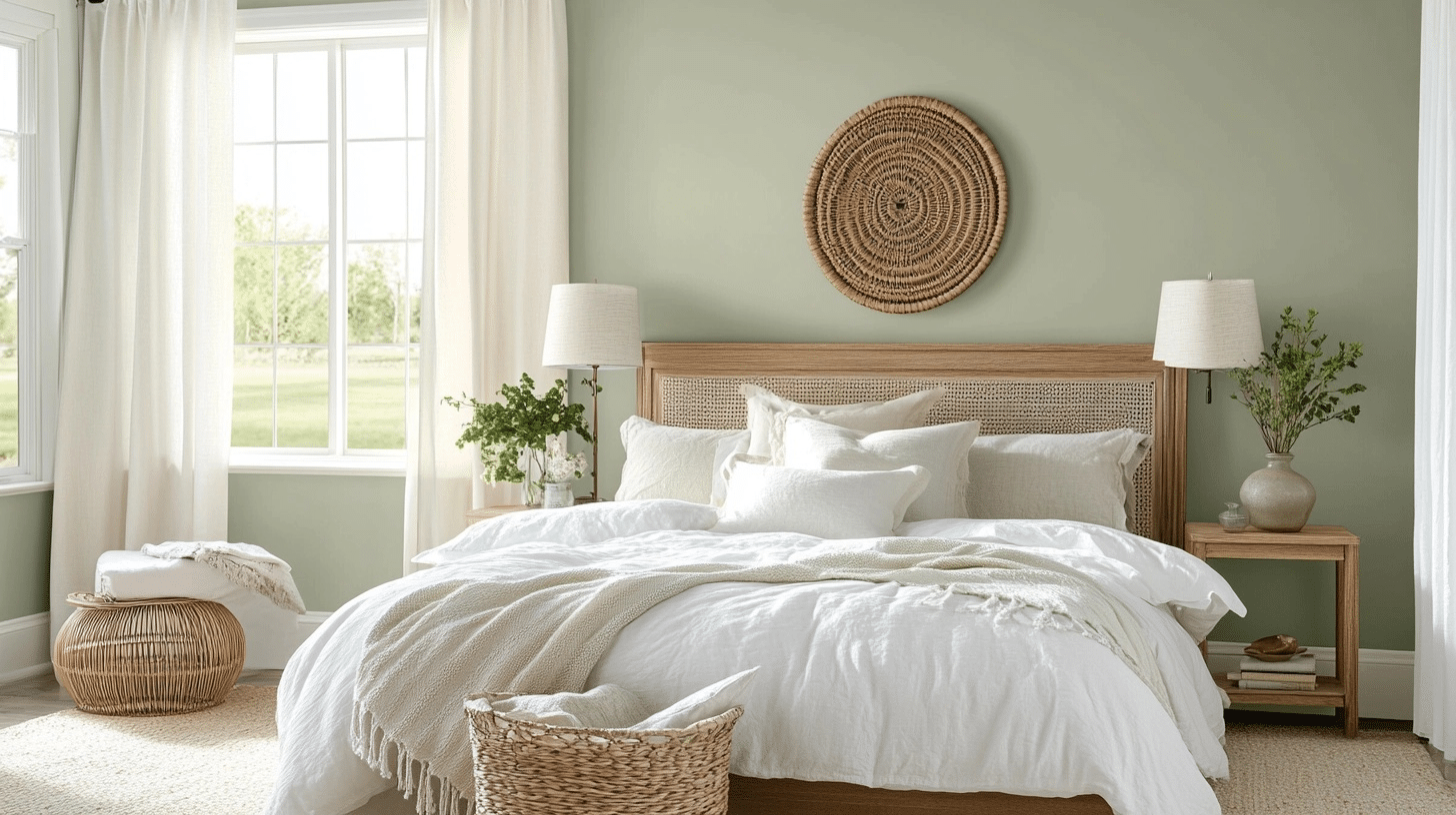 Sage green bedroom with white bedding, rattan headboard, woven wall decor, lamps, and bright windows