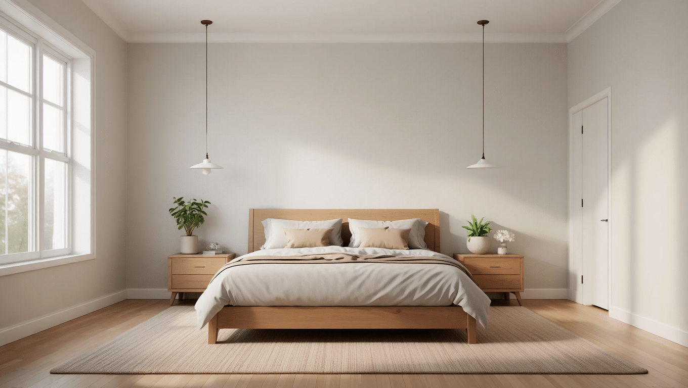 bedroom with wood bed, white bedding, pendant lights, and matching nightstands.