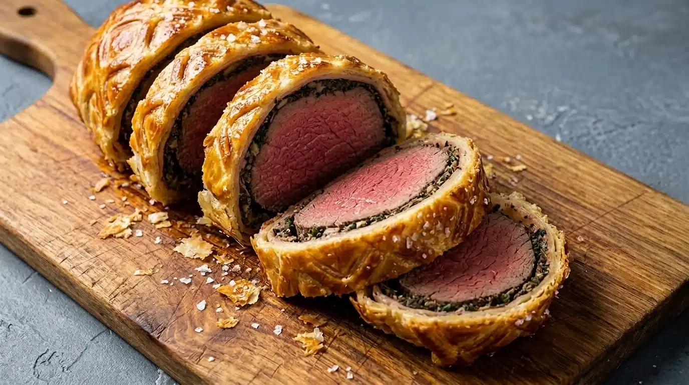 Beef Wellington with tender beef, mushroom duxelles, and flaky golden puff pastry sliced for serving.