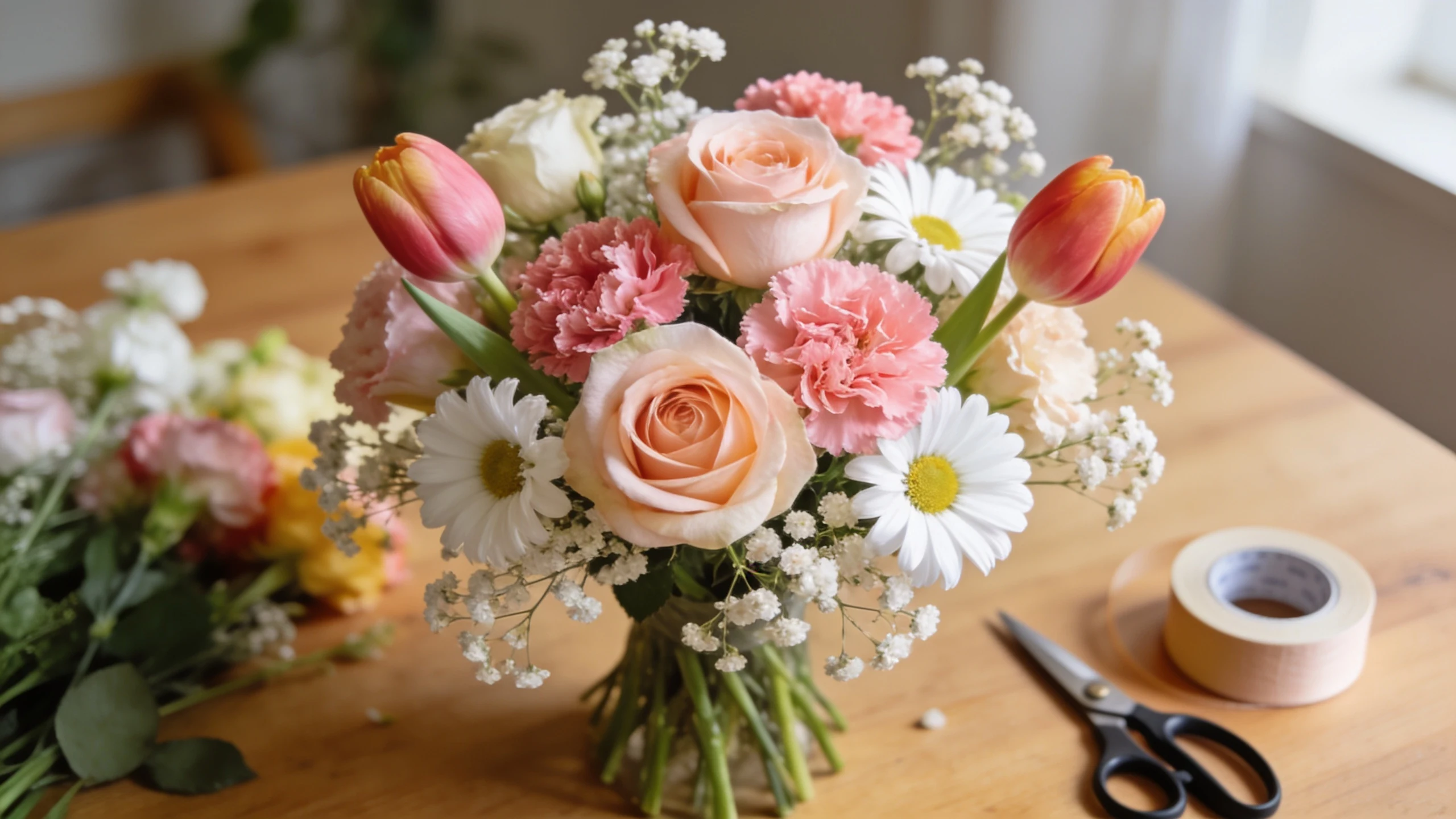 beginner flower arrangement with roses carnations tulips daisies baby’s breath and floral tools in a bright home workspace