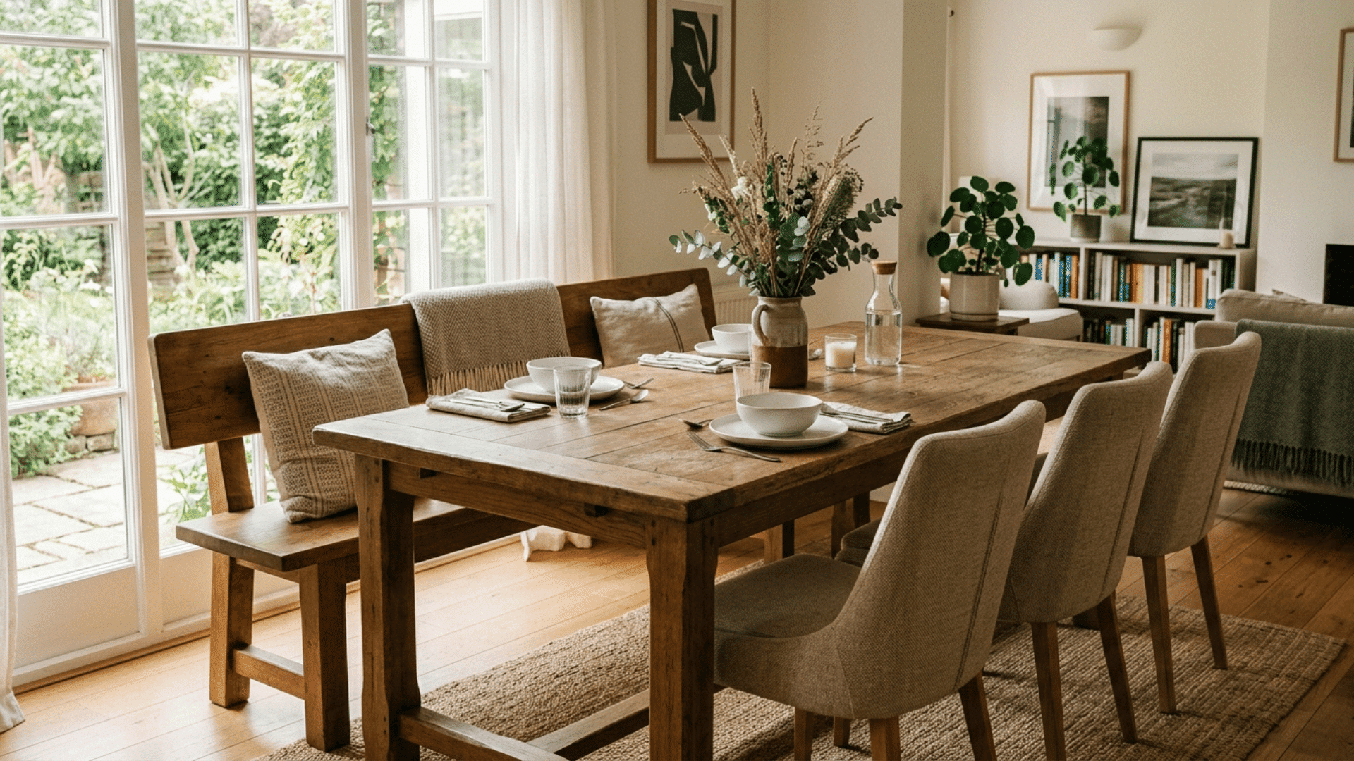 wood bench paired with upholstered chairs at a dining table