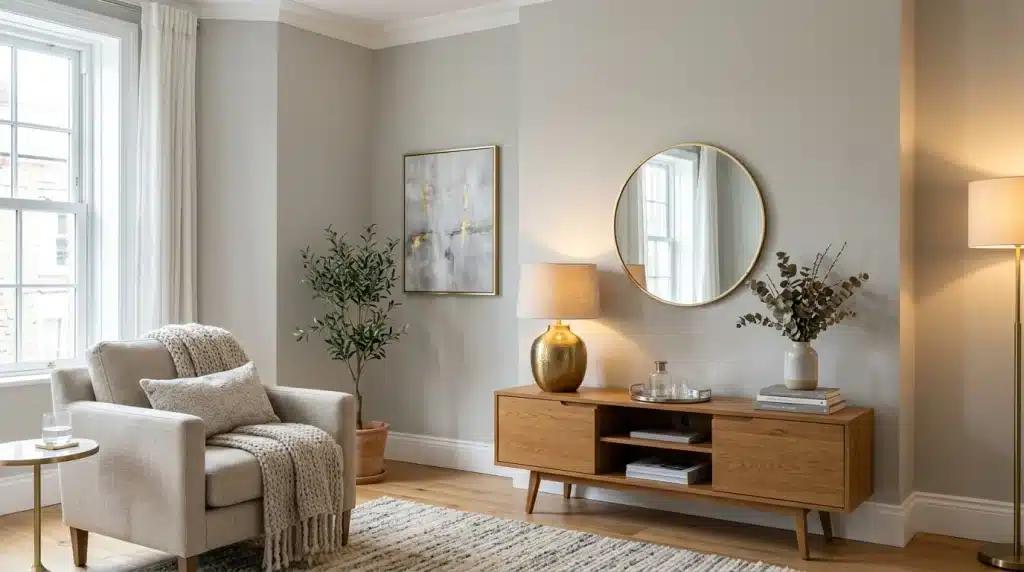 a room with armchair with a knit blanket, a media console with a lamp and a mirror above it, and art on the gray wall