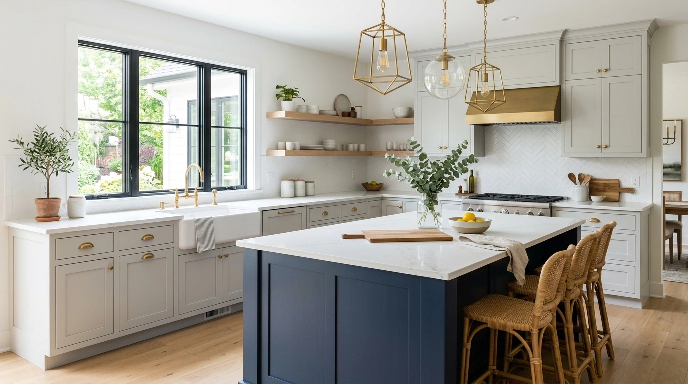 modern kitchen featuring light gray cabinets, a dark blue island with barstools, and pendant lighting