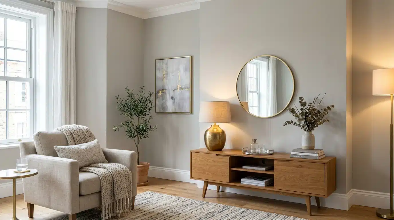 a room with armchair with a knit blanket, a media console with a lamp and a mirror above it, and art on the gray wall
