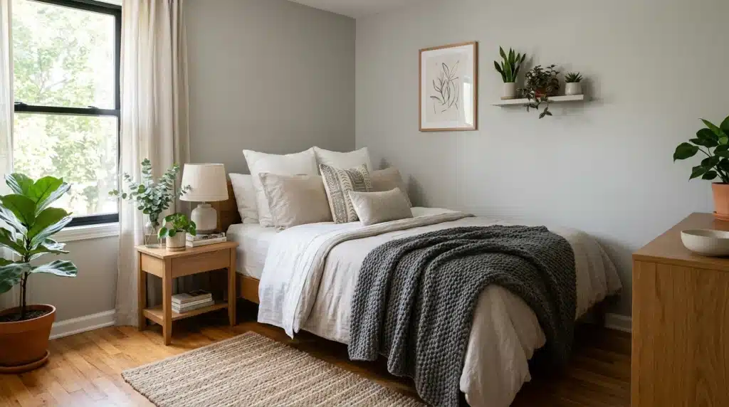 a cozy bedroom painting in benjamin moore stonington with wooden furniture, and framed botanical art on light gray walls