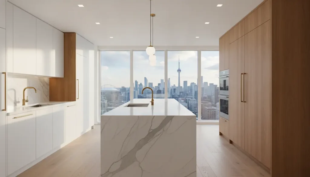 Modern kitchen interior with marble island, brass fixtures, and large windows overlooking city skyline