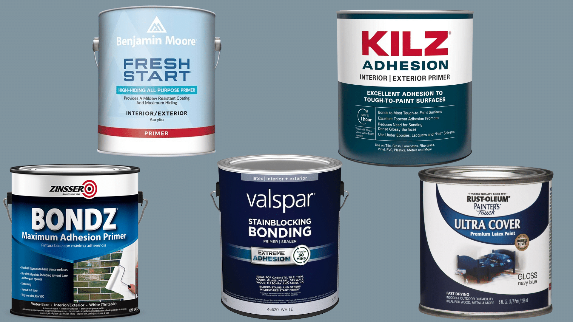 five cans of paint primer and paint from brands Benjamin Moore, KILZ, Zinsser, Valspar, and Rust-Oleum are displayed