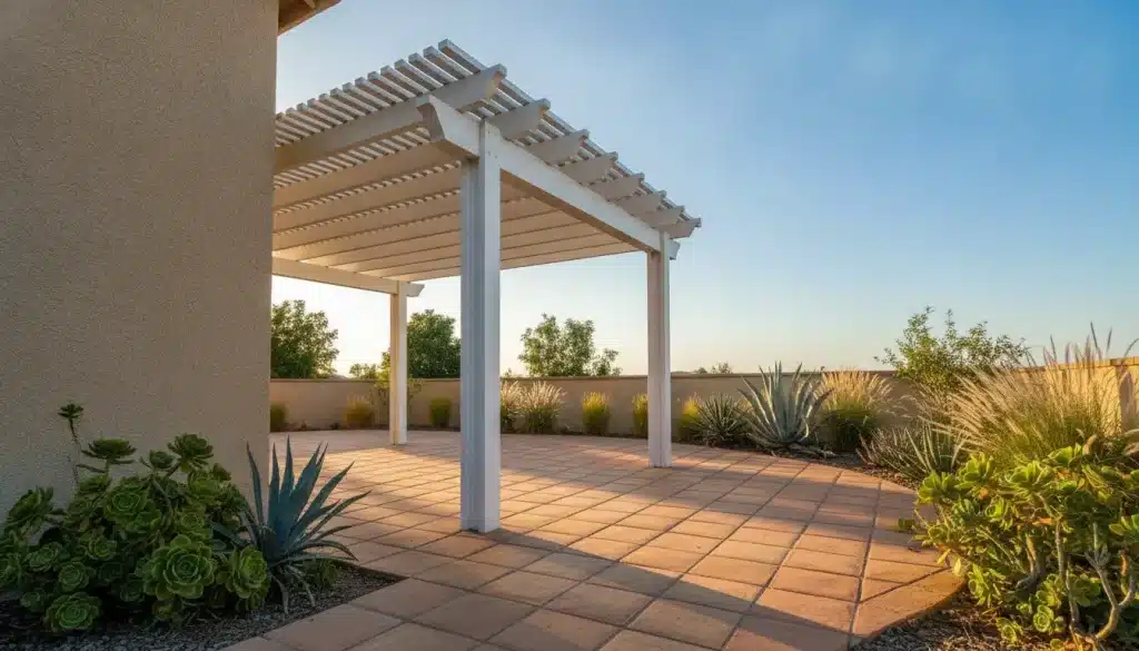 White pergola over terracotta tiled patio with succulent plants in sunny outdoor garden setting