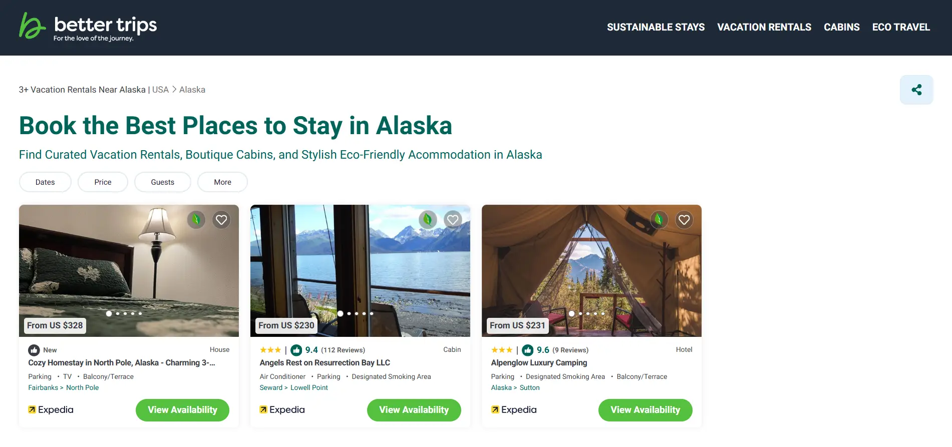 Online booking interface showing vacation rental options in Alaska with prices and availability