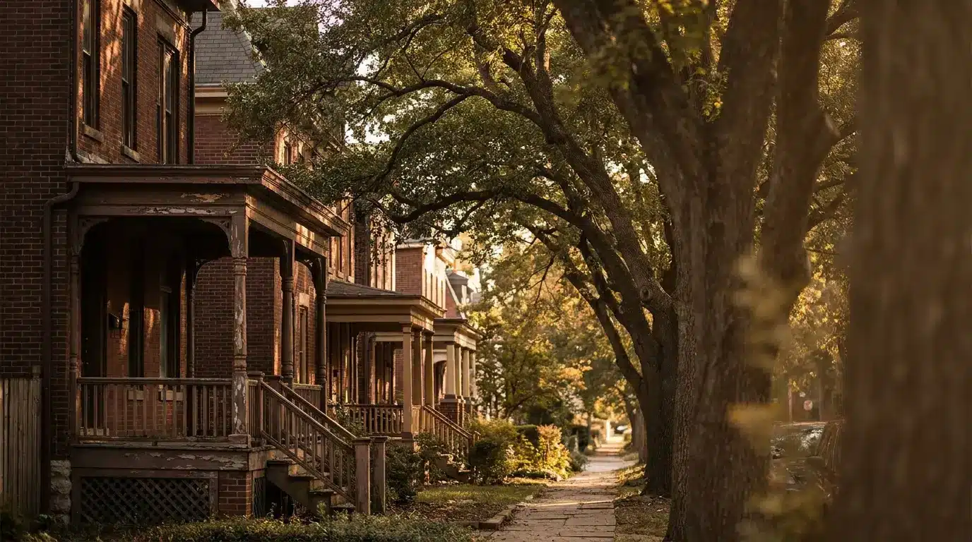 Historic row houses with front porches and large trees lining a sunlit residential street