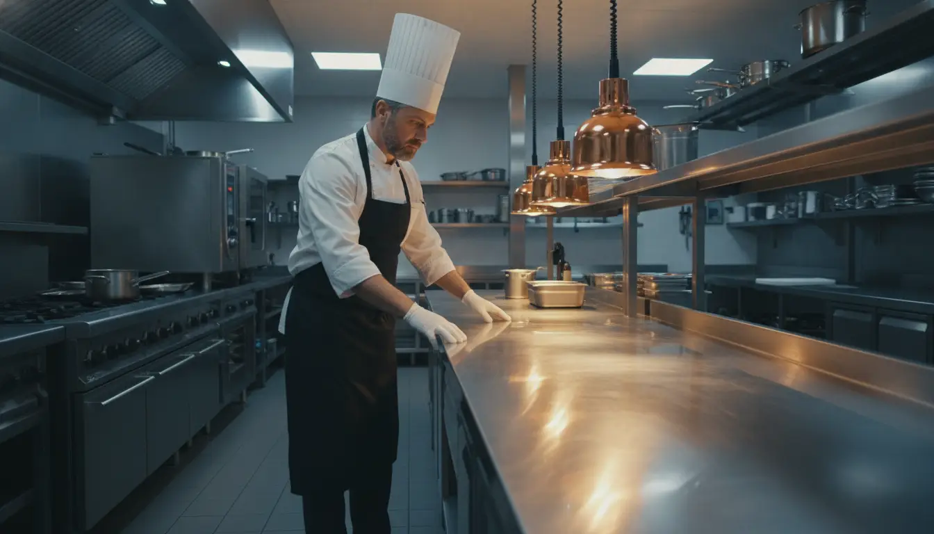 Chef in white hat and apron working in an industrial kitchen under warm lighting