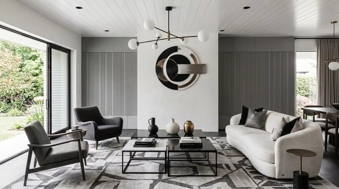 Modern living room designed in black and white, highlighting minimalist furnishings and a chic, sophisticated atmosphere.