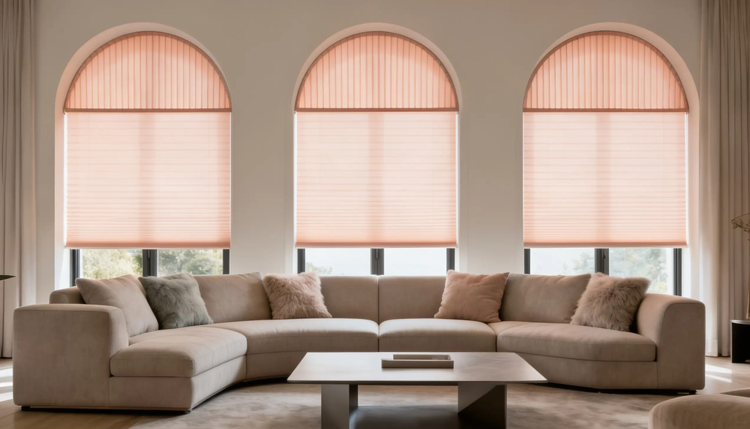Curved sectional sofa with plush pillows sits in front of three arched windows covered by sheer pink pleated blinds.