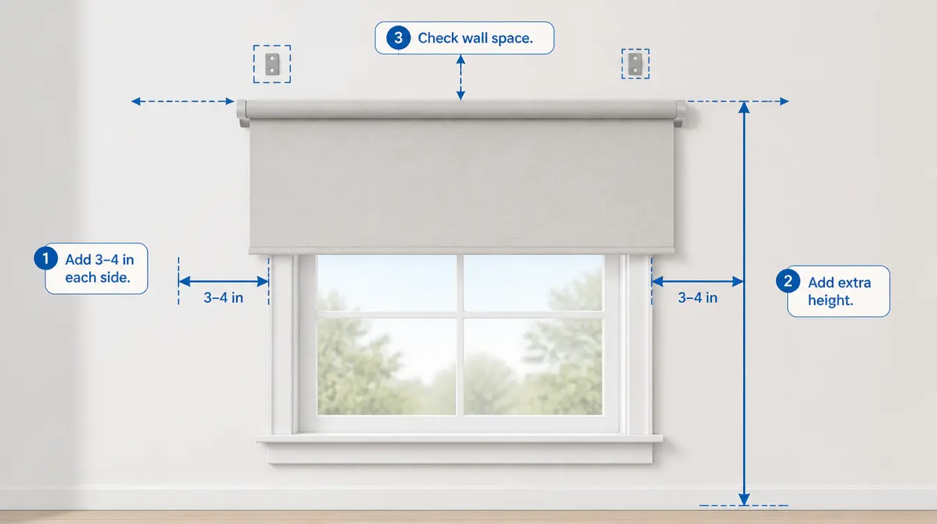 Diagram showing how to measure for a roller blind installation, with instructions for adding 3-4 inches on each side and extra height.