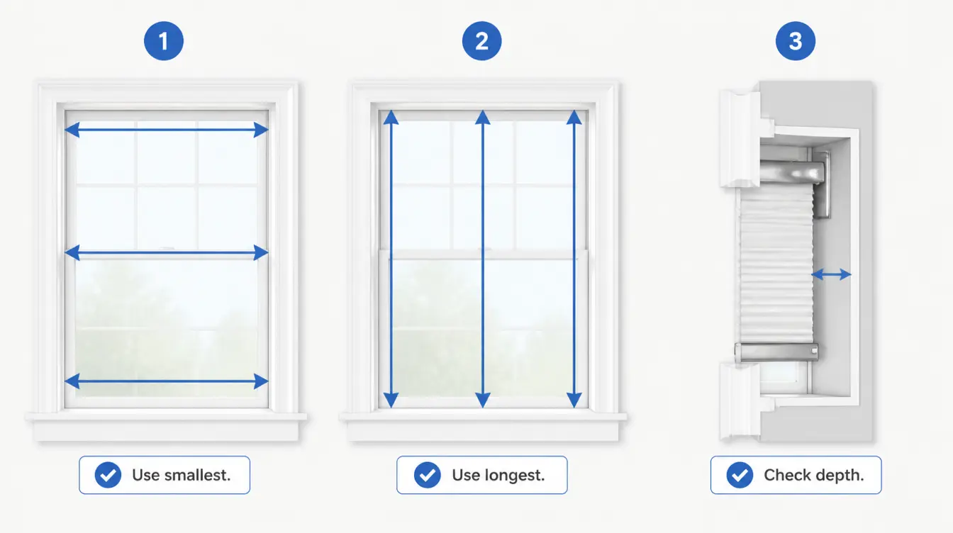 Diagram illustrating how to measure window width using the smallest measurement and window length using the longest measurement, followed by a depth check of a window blind.