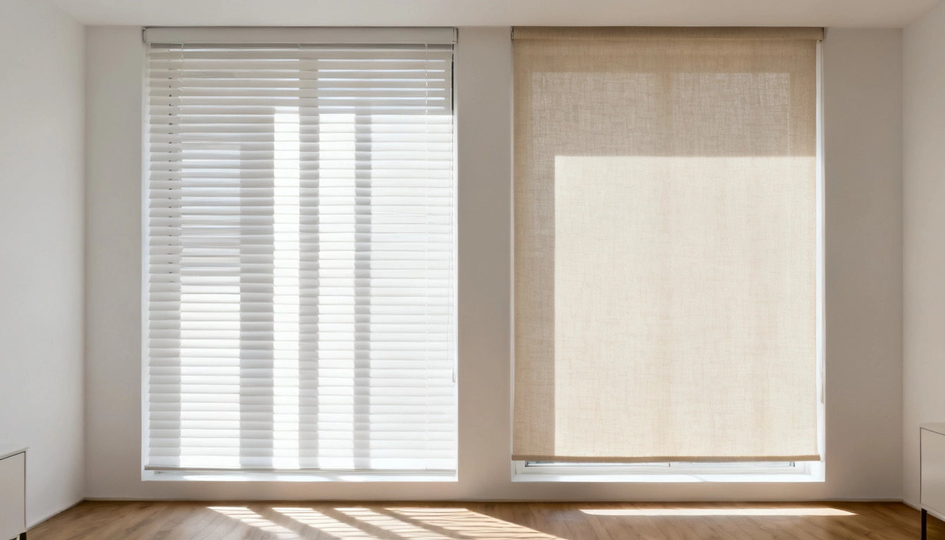 A room featuring two windows with closed blinds, allowing minimal light to enter the space.