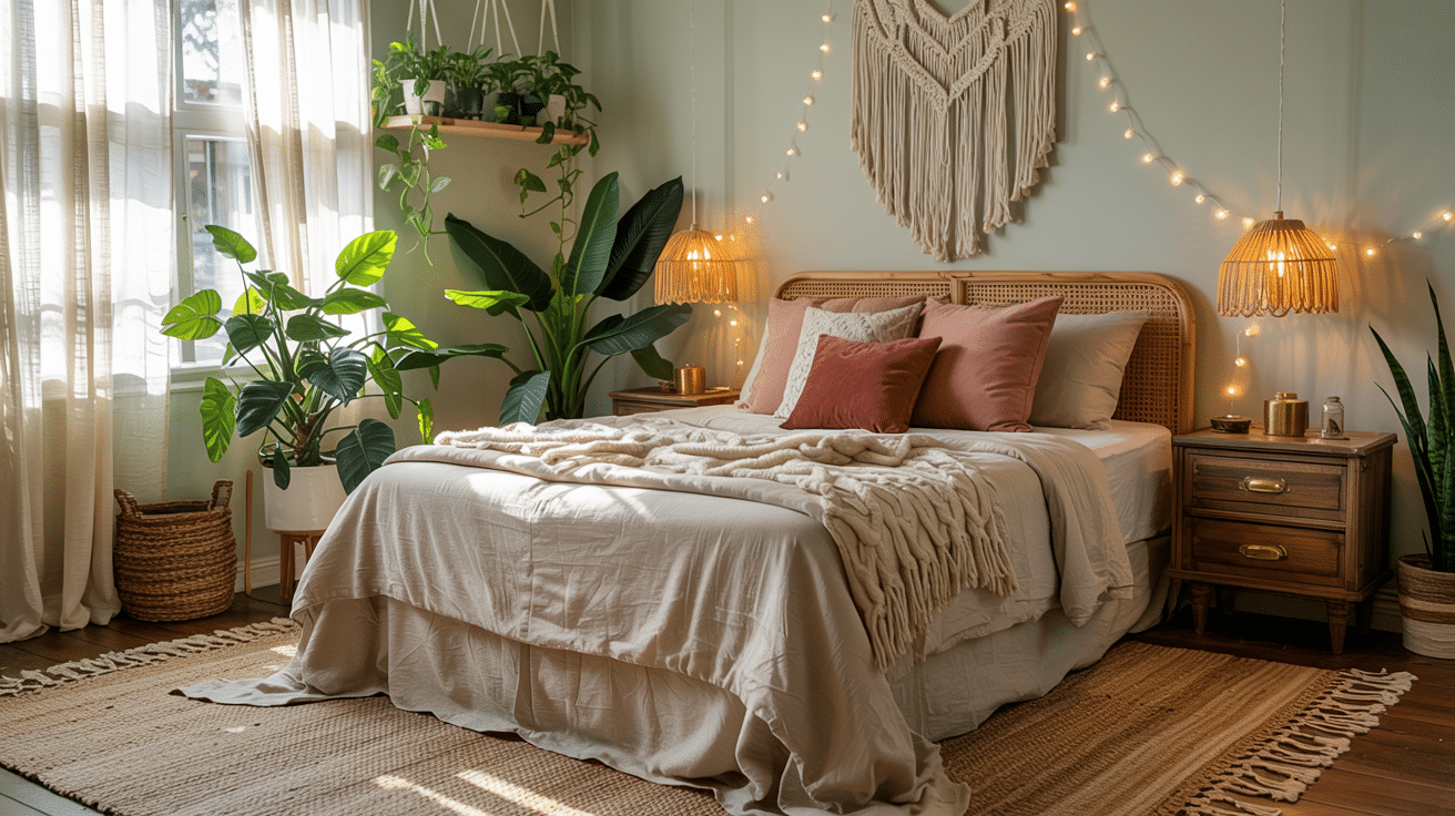 Boho bedroom with sage walls, rattan bed, pink pillows, plants, and string lights