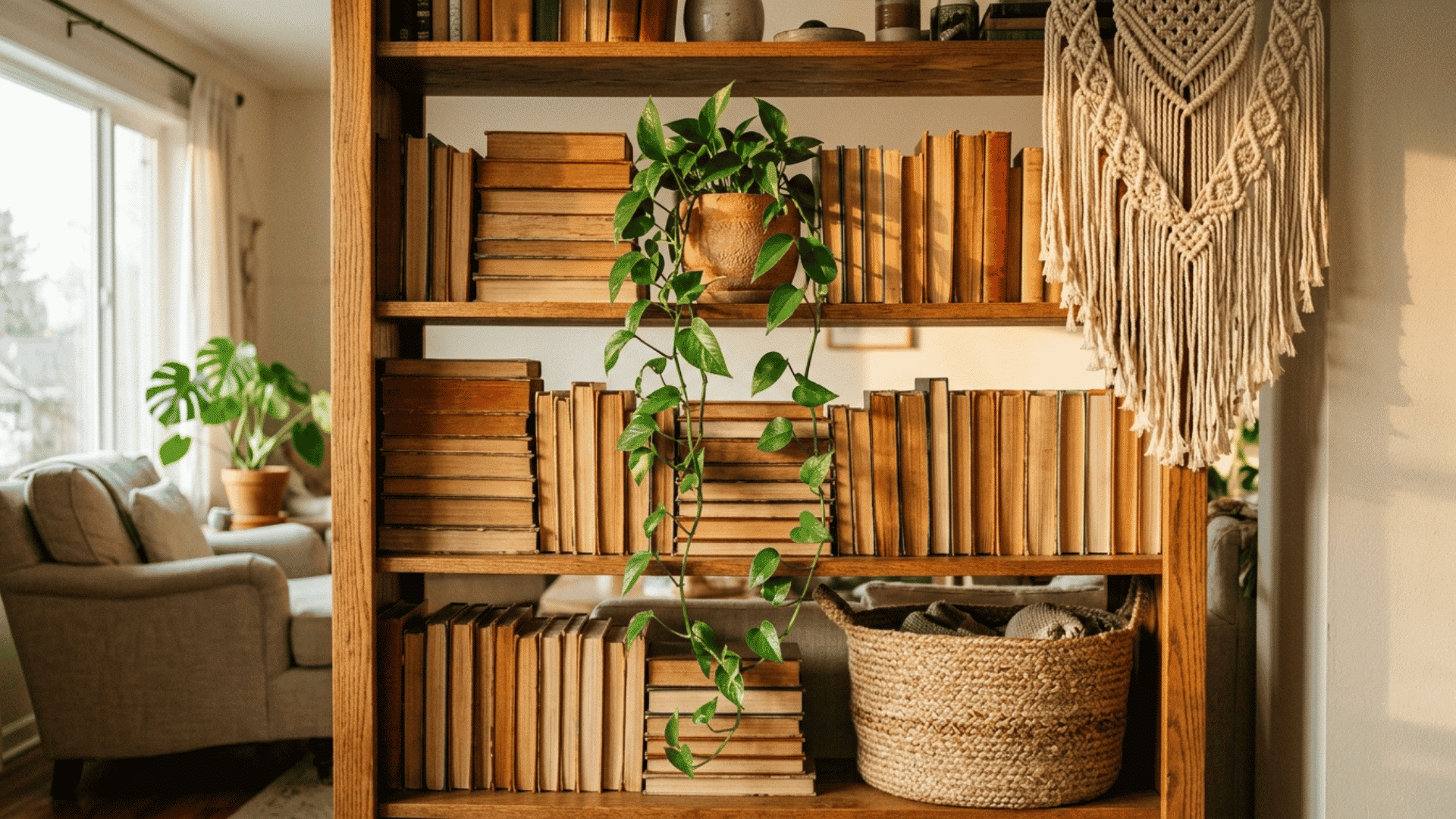 wooden bookshelf styled with warm toned books a trailing plant macrame and a woven basket